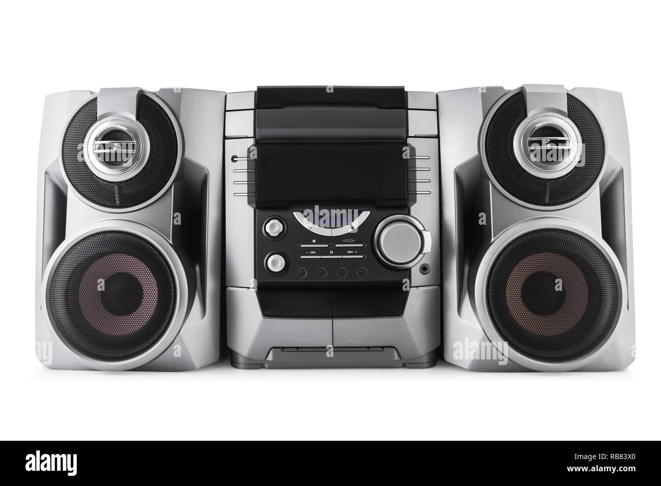 Sistema stereo compatto e lettore cd e cassette isolate con percorso di clipping su sfondo bianco. Foto Stock