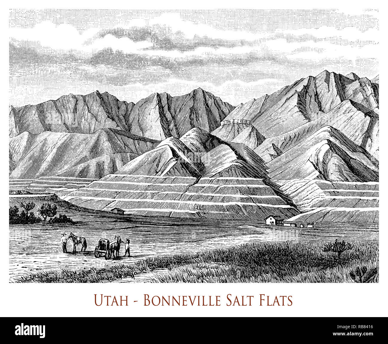 Incisione vintage di Utah Bonneville saline, le montagne e le colline di rompere il piatto paesaggio coperto da una spessa crosta di suolo salato bianchi come la neve Foto Stock