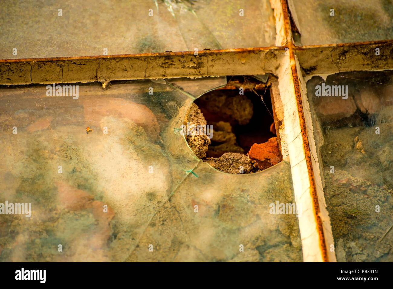 Finestra con il vetro rotto Foto Stock