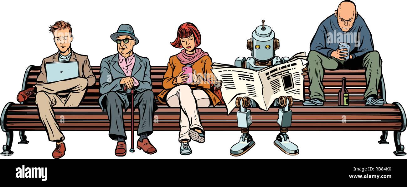 Persone e un robot seduto su una panchina nel parco. La Pop art retrò illustrazione vettoriale kitsch vintage Illustrazione Vettoriale