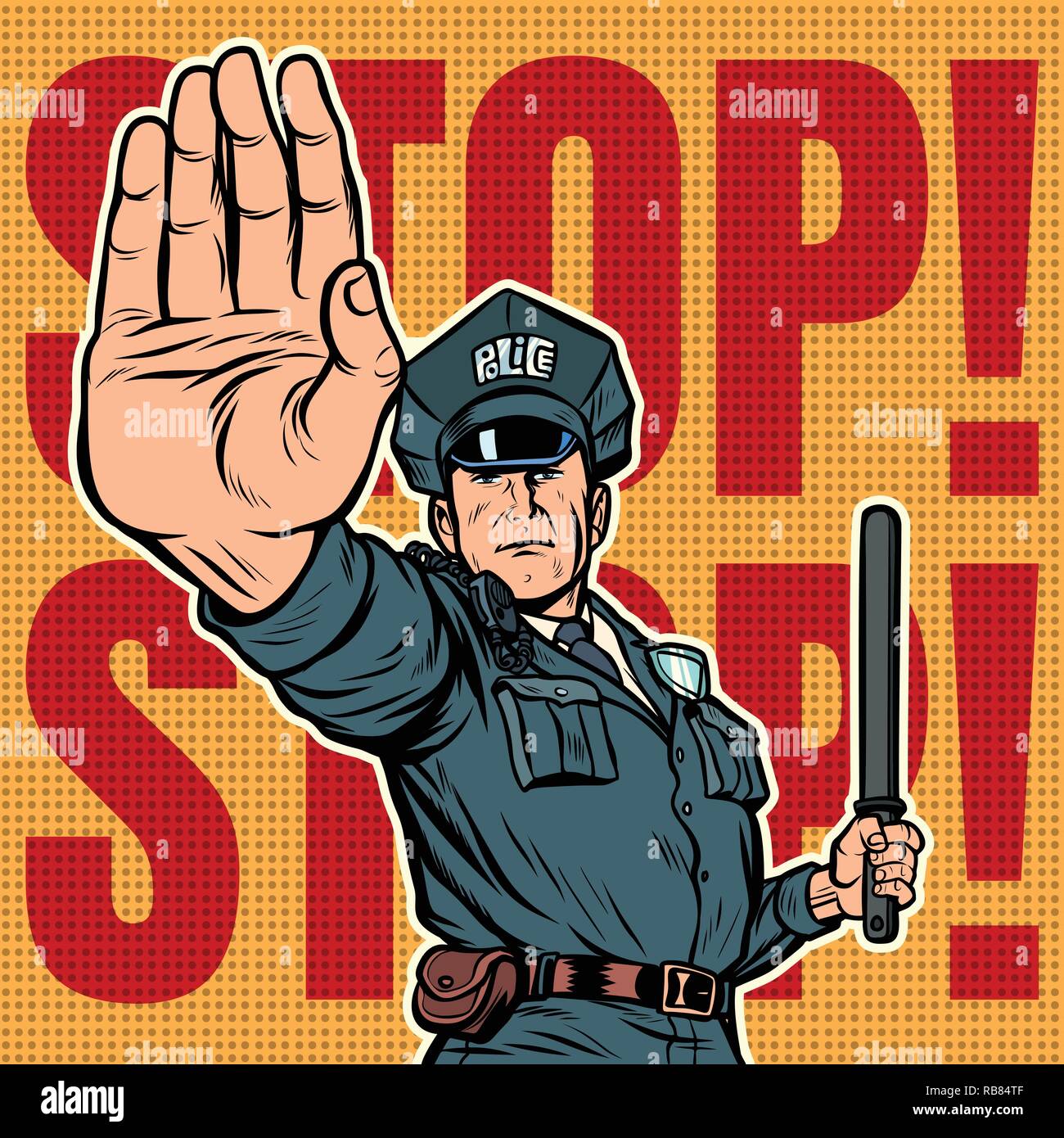 Funzionario di polizia gesto di arresto. La Pop art retrò illustrazione vettoriale kitsch vintage Illustrazione Vettoriale