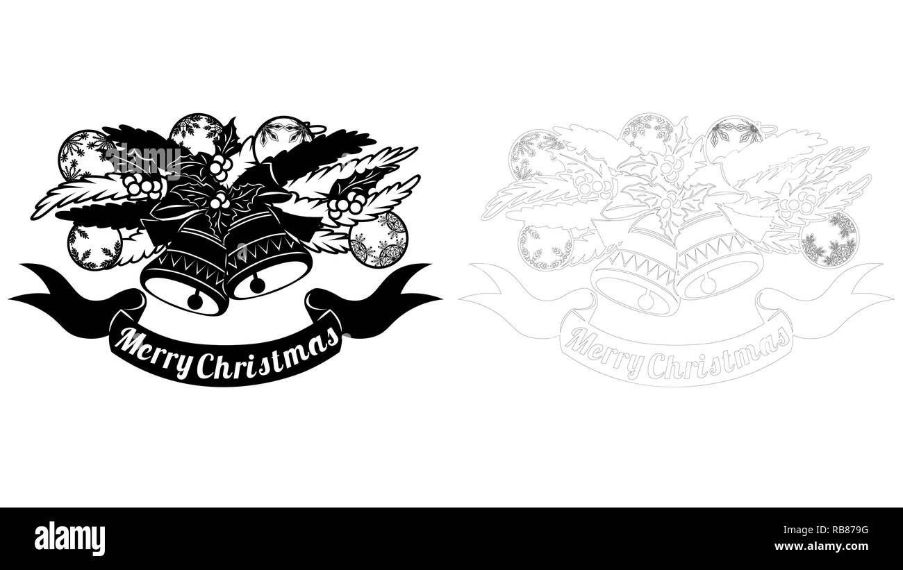 Il contorno e l'oggetto. Pattern, ramo con i giocattoli e le campane. Invito di natale con un giocattolo di Natale. Vettore. Cliche. Auguri di Buon Natale. Per laser Illustrazione Vettoriale