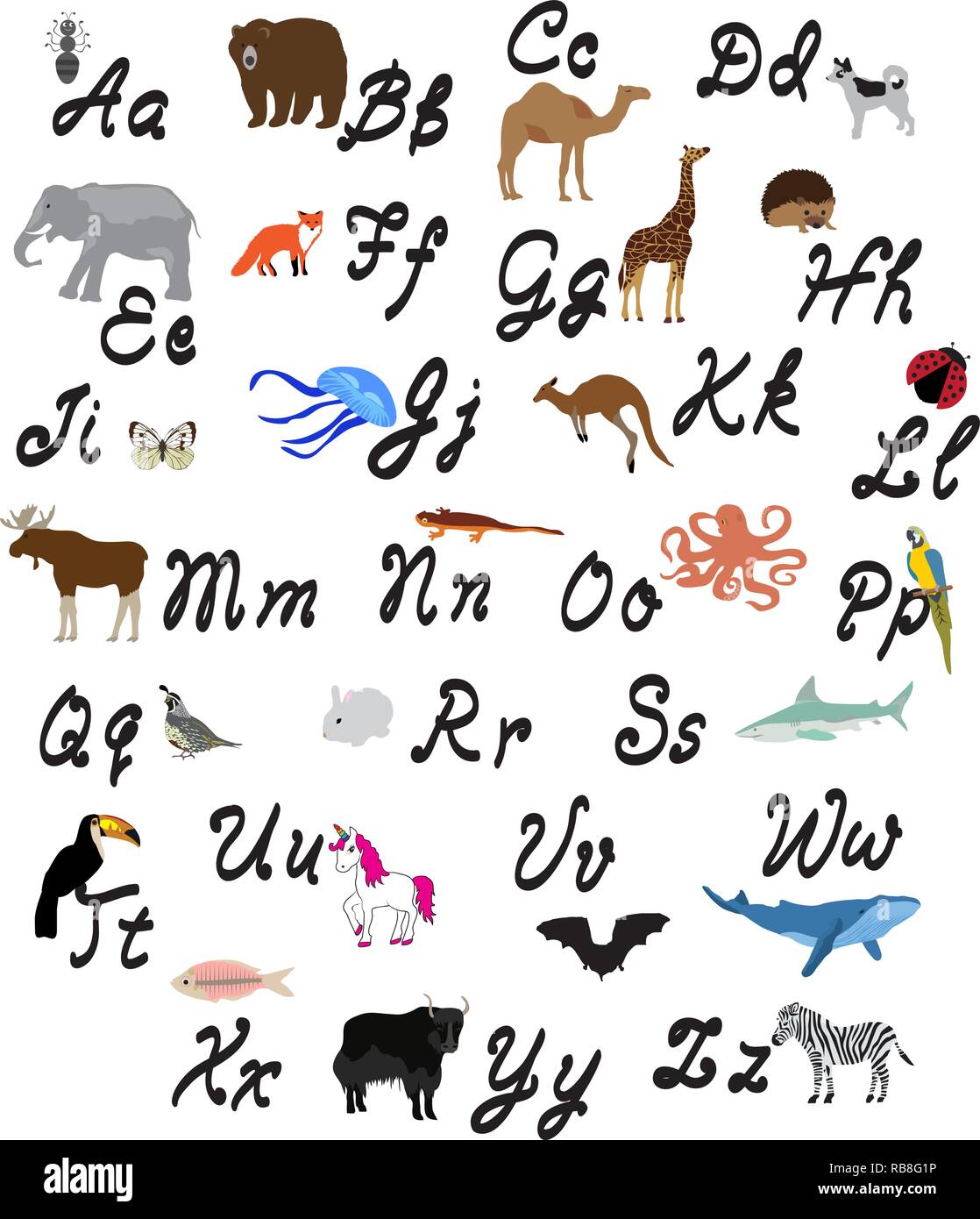 Illustrazione vettoriale di alphabet lettere con animali. Illustrazione Vettoriale