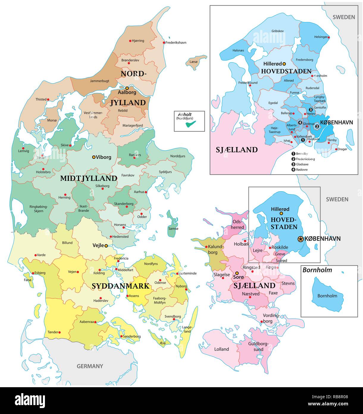 Politica e amministrativa di vettore mappa di contorno del Regno di Danimarca Illustrazione Vettoriale