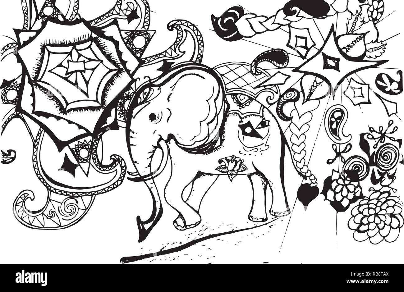 Illustrazione di un elefante psichedelico su uno sfondo di madhala, animali. Illustrazione Vettoriale