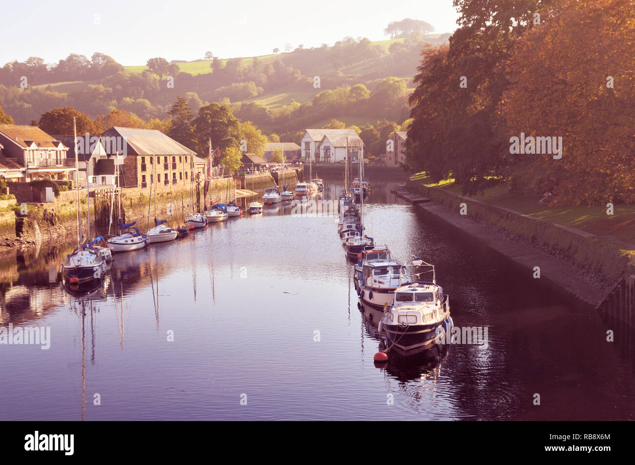 Totnes, Devon. Barche ormeggiate sul fiume Dart su una tarda sera d'estate. Foto Stock