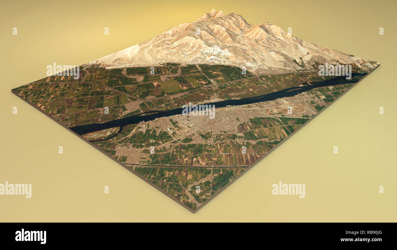 Vista satellitare di Luxor. Diviso in 3d della città di Luxor e siti archeologici. Il rendering 3d. Turismo e luoghi da visitare in Egitto. Tourist Board. Foto Stock