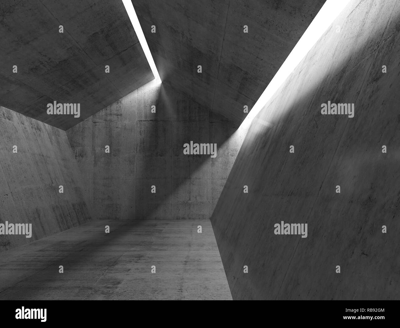 Vuoto minimo interno in calcestruzzo con soffitto a linee di luce. 3d illustrazione Foto Stock