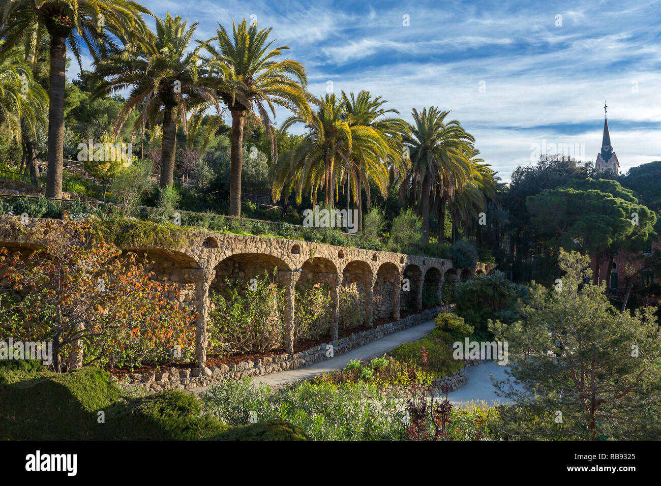 Famoso Parco Guell progettato da Antoni Gaudì a Barcellona, Spagna. Foto Stock
