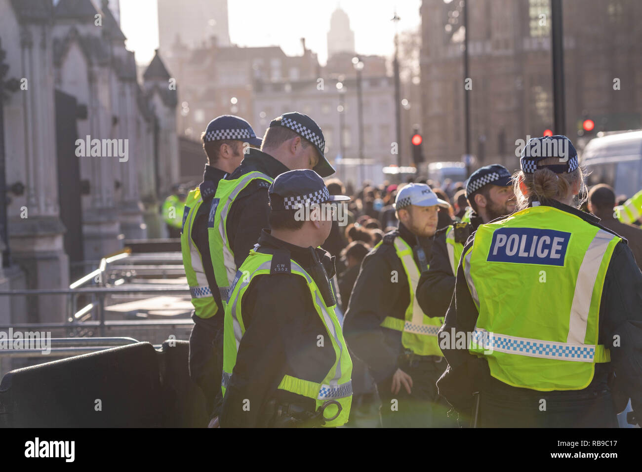 Londra, Regno Unito. 8 gennaio 2019 in un apparente reazione alle denunce di MP di molestie, grandi numeri di polizia erano stazionati presso gli ingressi alla Camera dei Comuni di Londra, Regno Unito. Credito: Ian Davidson/Alamy Live News Foto Stock