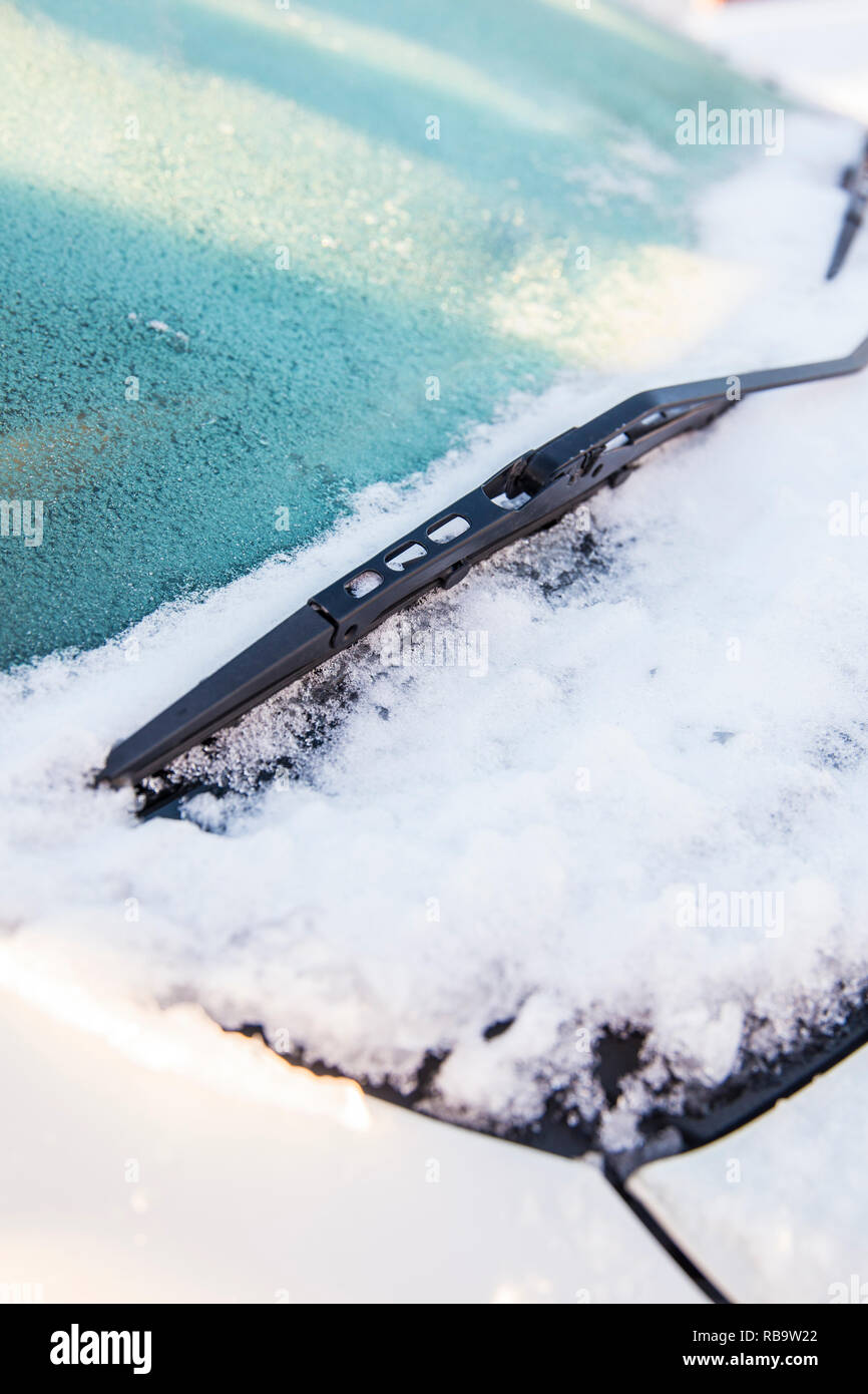 Vista ravvicinata di una vettura tergicristalli o tergicristalli witch sono congelati e bloccato nella neve e nel ghiaccio all'aperto in inverno. Foto Stock