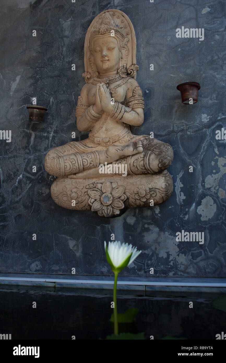 Pregando statua del Buddha in pietra scura parete sopra l'apertura acqua bianco fiore di giglio in un stagno Foto Stock