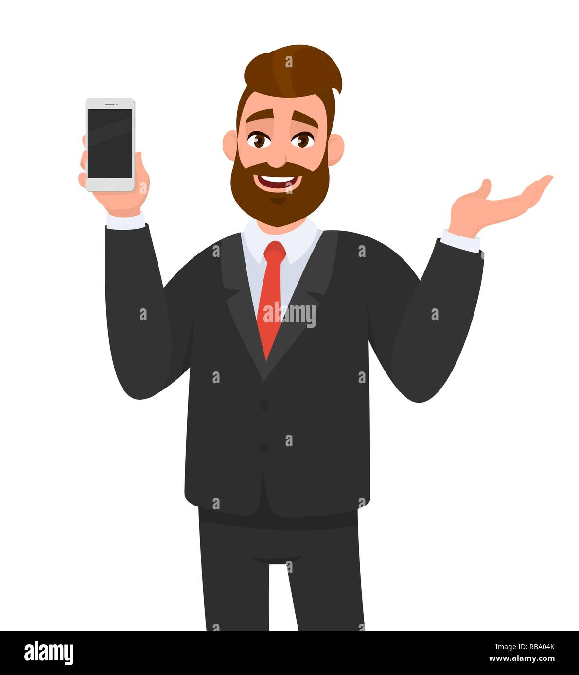 Un uomo d'affari felice che mostra o tiene in mano smartphone, cellulare, telefono cellulare e una mano gesturante per copiare lo spazio. Emozione umana. Illustrazione Vettoriale