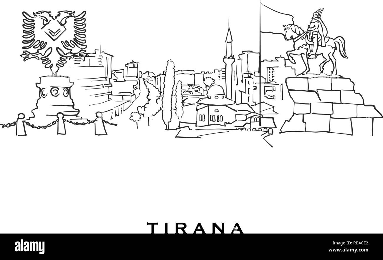 Tirana Albania famosa architettura. Delineato lo schizzo di vettore separato su sfondo bianco. Disegni di architettura di tutte le capitali europee. Illustrazione Vettoriale