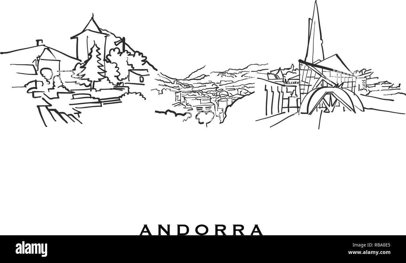 Andorra famosa architettura. Delineato lo schizzo di vettore separato su sfondo bianco. Disegni di architettura di tutte le capitali europee. Illustrazione Vettoriale