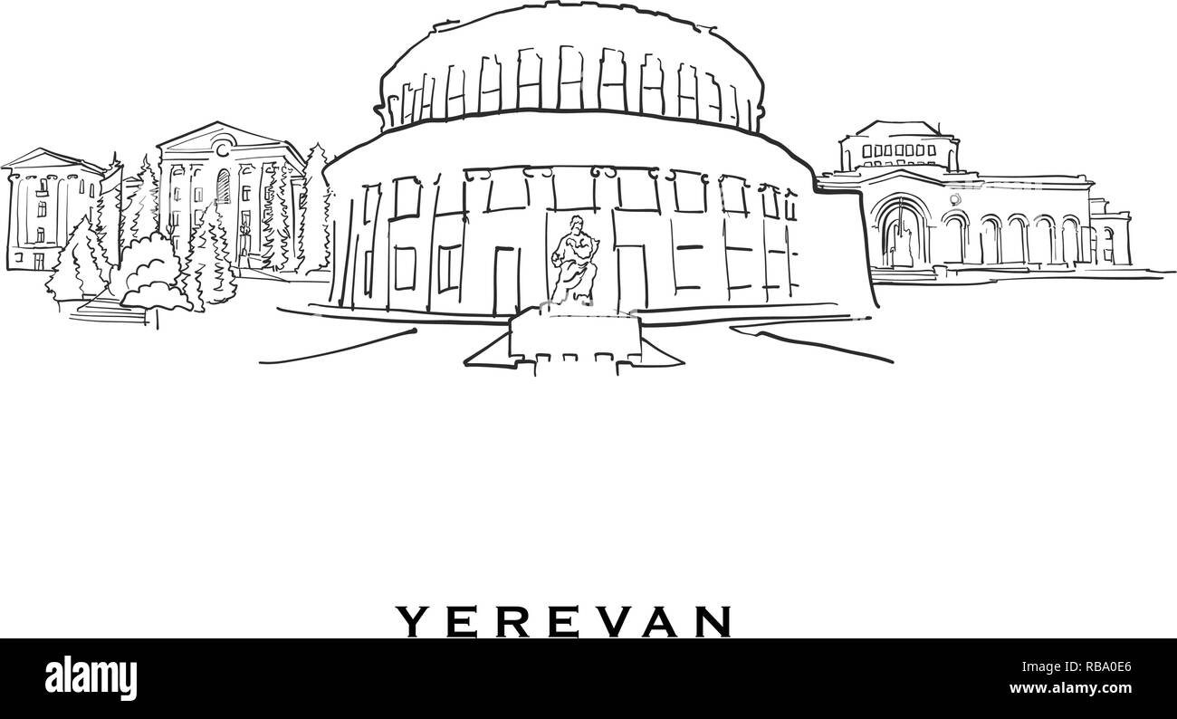 Yerevan Armenia famosa architettura. Delineato lo schizzo di vettore separato su sfondo bianco. Disegni di architettura di tutte le capitali europee. Illustrazione Vettoriale