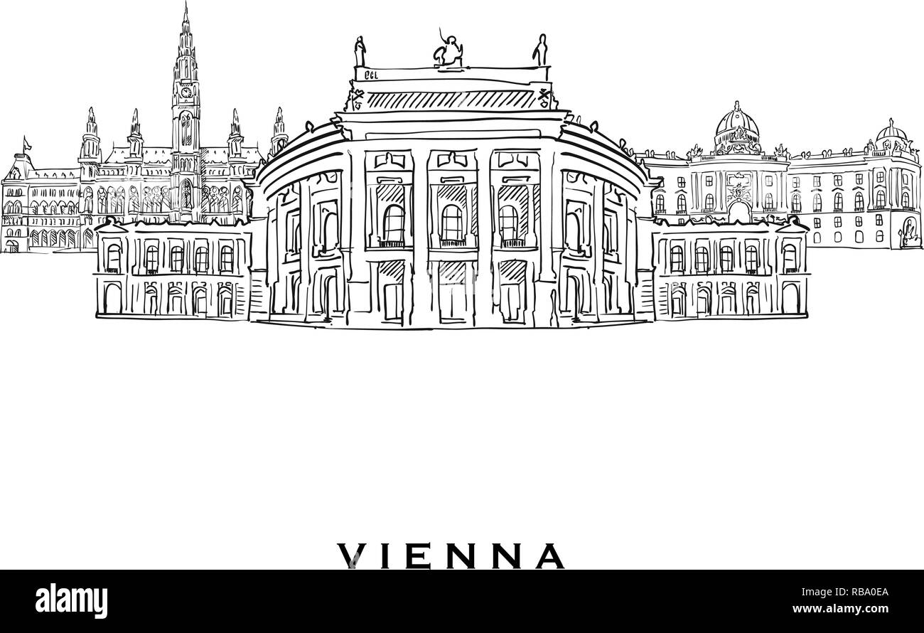 Vienna Austria famosa architettura. Delineato lo schizzo di vettore separato su sfondo bianco. Disegni di architettura di tutte le capitali europee. Illustrazione Vettoriale