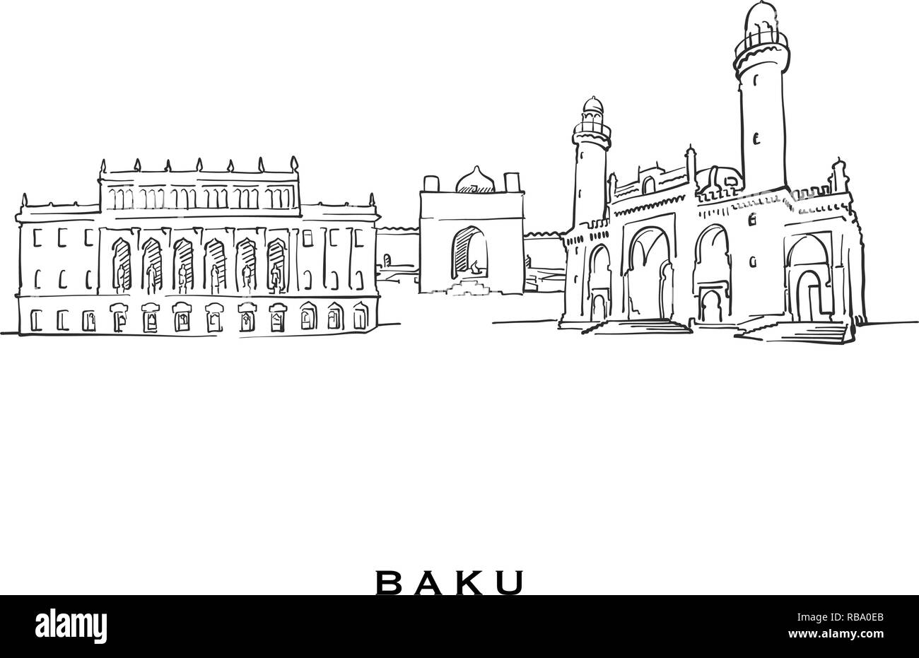Baku Azerbaigian famosa architettura. Delineato lo schizzo di vettore separato su sfondo bianco. Disegni di architettura di tutte le capitali europee. Illustrazione Vettoriale