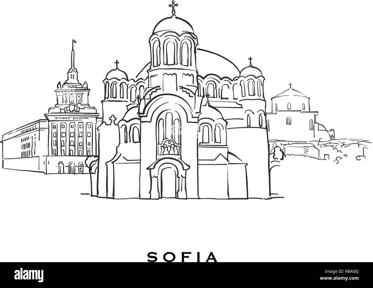 Sofia Bulgaria celebre architettura. Delineato lo schizzo di vettore separato su sfondo bianco. Disegni di architettura di tutte le capitali europee. Illustrazione Vettoriale