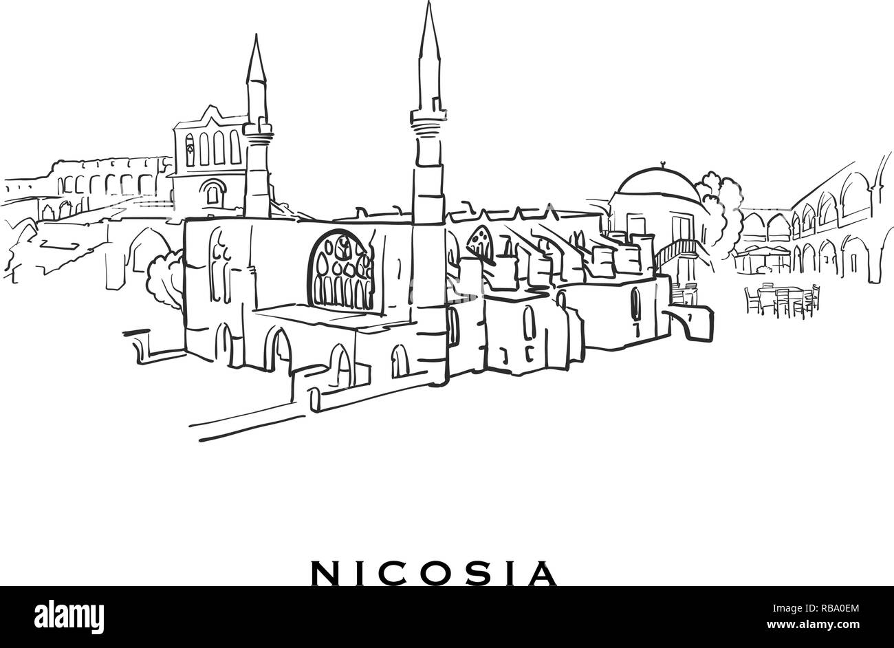 Nicosia Cipro famosa architettura. Delineato lo schizzo di vettore separato su sfondo bianco. Disegni di architettura di tutte le capitali europee. Illustrazione Vettoriale
