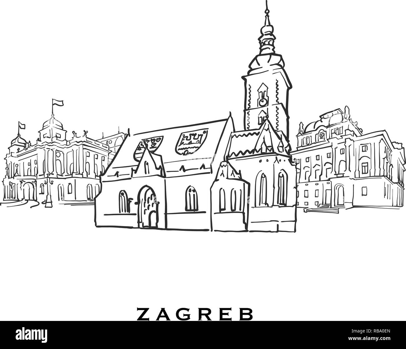 Zagabria Croazia famosa architettura. Delineato lo schizzo di vettore separato su sfondo bianco. Disegni di architettura di tutte le capitali europee. Illustrazione Vettoriale