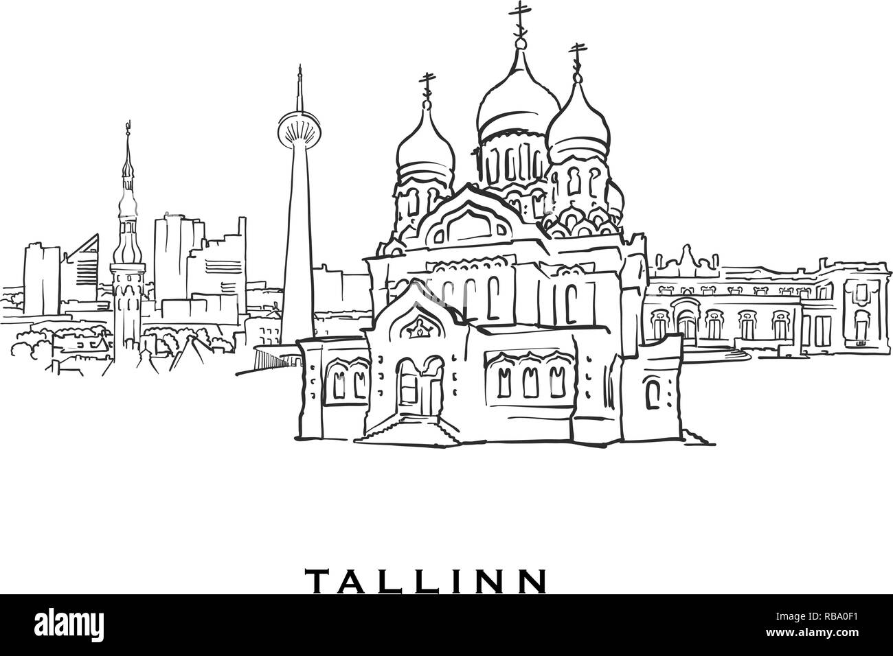 Tallinn Estonia famosa architettura. Delineato lo schizzo di vettore separato su sfondo bianco. Disegni di architettura di tutte le capitali europee. Illustrazione Vettoriale