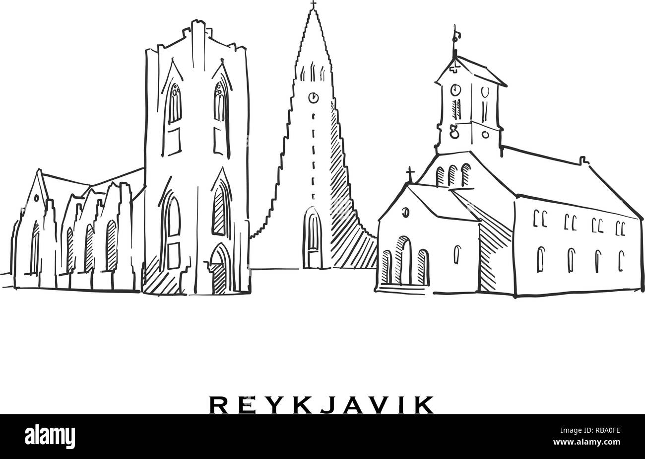 Reykjavik Islanda famosa architettura. Delineato lo schizzo di vettore separato su sfondo bianco. Disegni di architettura di tutte le capitali europee. Illustrazione Vettoriale