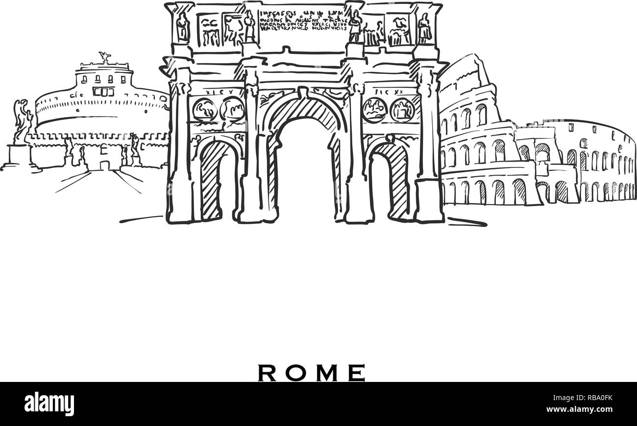 Roma Italia famosa architettura. Delineato lo schizzo di vettore separato su sfondo bianco. Disegni di architettura di tutte le capitali europee. Illustrazione Vettoriale