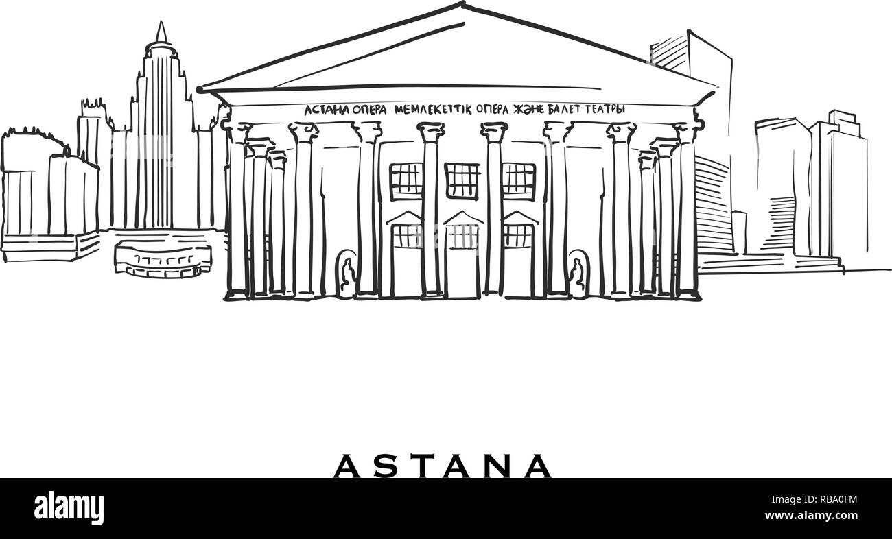 Astana Kazakistan famosa architettura. Delineato lo schizzo di vettore separato su sfondo bianco. Disegni di architettura di tutte le capitali europee. Illustrazione Vettoriale