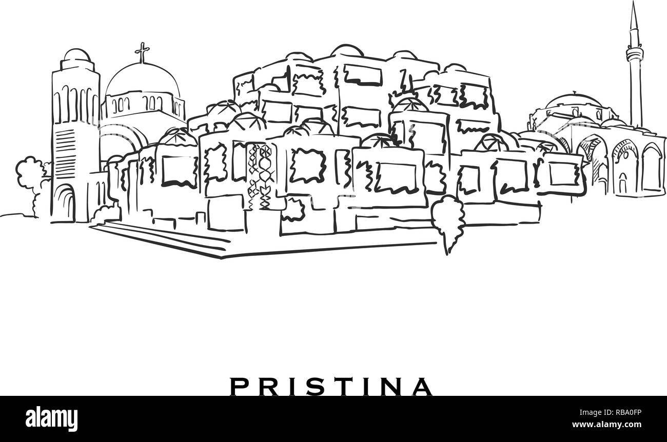 Pristina Kosovo famosa architettura. Delineato lo schizzo di vettore separato su sfondo bianco. Disegni di architettura di tutte le capitali europee. Illustrazione Vettoriale