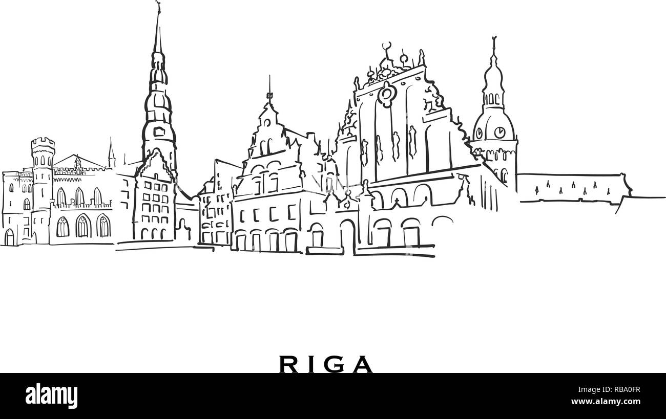 Riga, Lettonia famosa architettura. Delineato lo schizzo di vettore separato su sfondo bianco. Disegni di architettura di tutte le capitali europee. Illustrazione Vettoriale