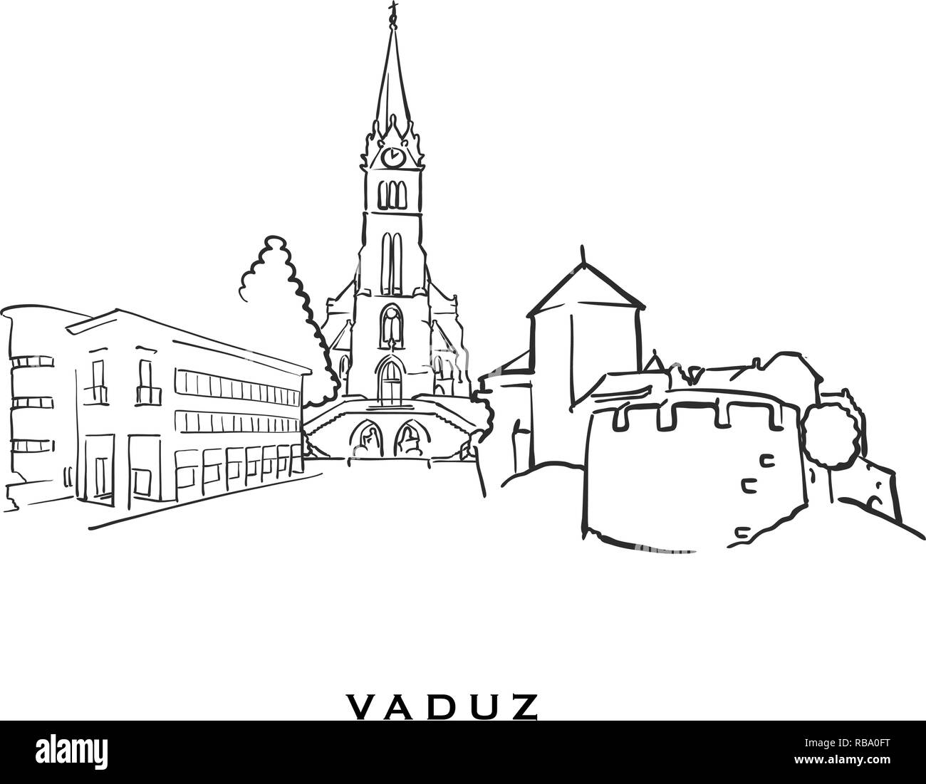 Vaduz Liechtenstein famosa architettura. Delineato lo schizzo di vettore separato su sfondo bianco. Disegni di architettura di tutte le capitali europee. Illustrazione Vettoriale