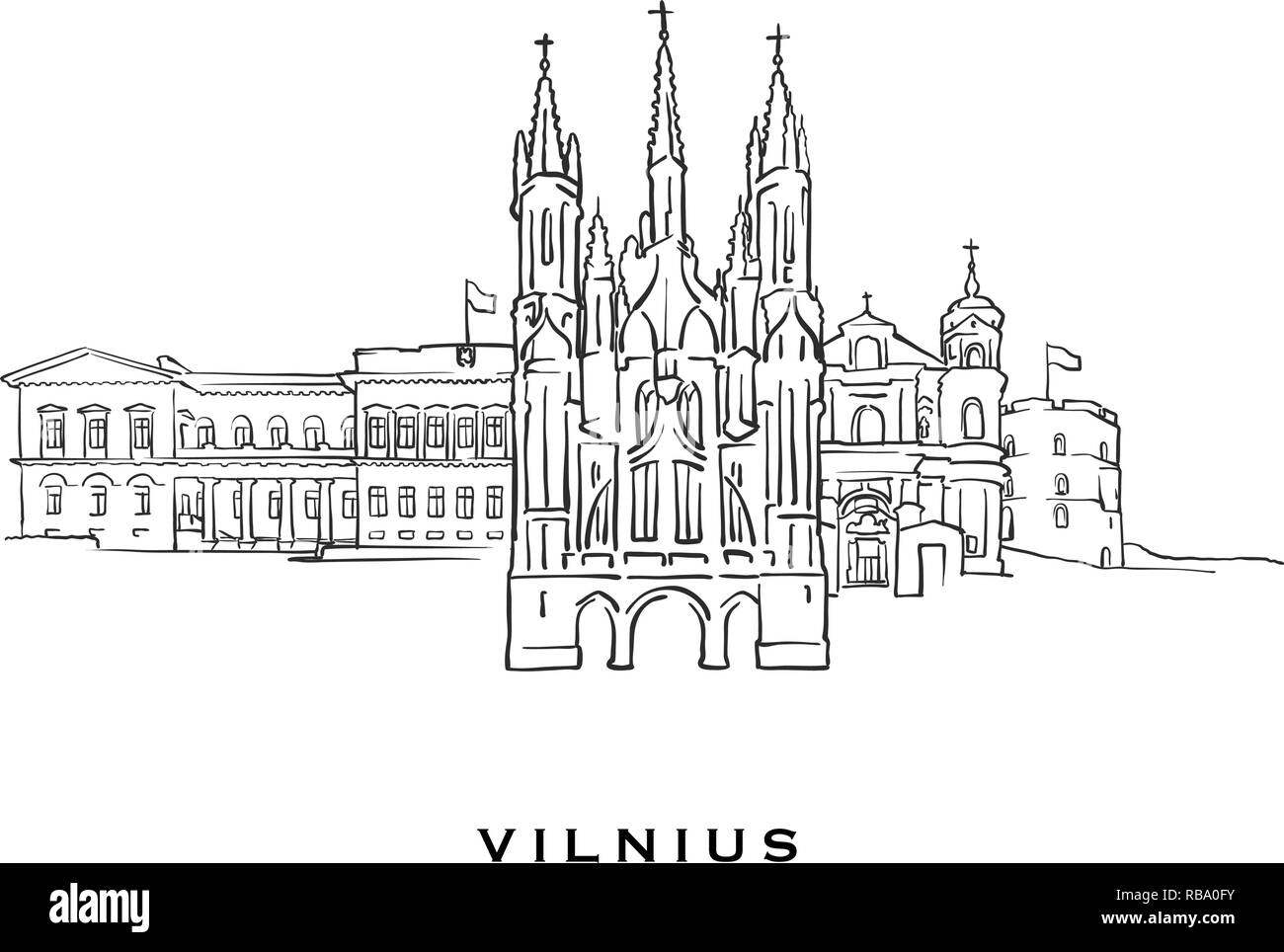 Vilnius Lituania celebre architettura. Delineato lo schizzo di vettore separato su sfondo bianco. Disegni di architettura di tutte le capitali europee. Illustrazione Vettoriale