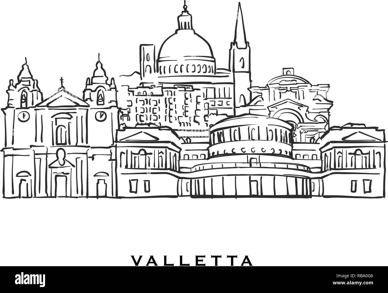 La Valletta Malta famosa architettura. Delineato lo schizzo di vettore separato su sfondo bianco. Disegni di architettura di tutte le capitali europee. Illustrazione Vettoriale