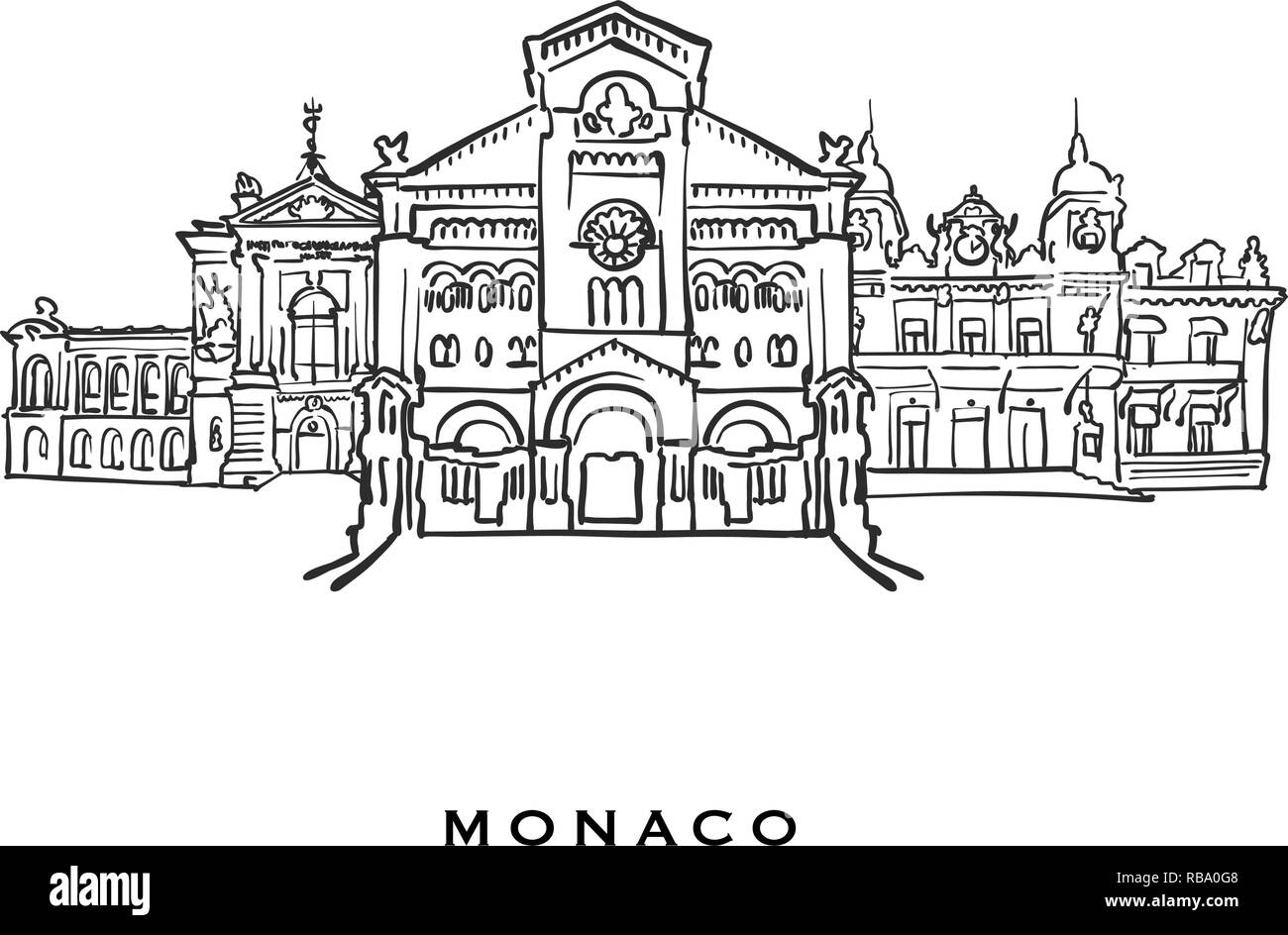 Monaco Famosa architettura. Delineato lo schizzo di vettore separato su sfondo bianco. Disegni di architettura di tutte le capitali europee. Illustrazione Vettoriale
