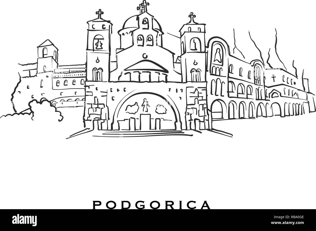 Podgorica Montenegro famosa architettura. Delineato lo schizzo di vettore separato su sfondo bianco. Disegni di architettura di tutte le capitali europee. Illustrazione Vettoriale