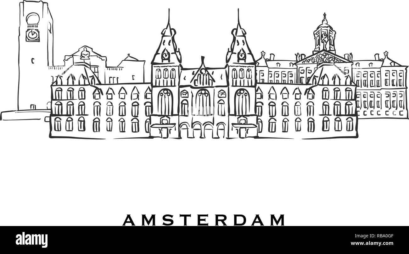 Amsterdam Paesi Bassi famosa architettura. Delineato lo schizzo di vettore separato su sfondo bianco. Disegni di architettura di tutte le capitali europee. Illustrazione Vettoriale