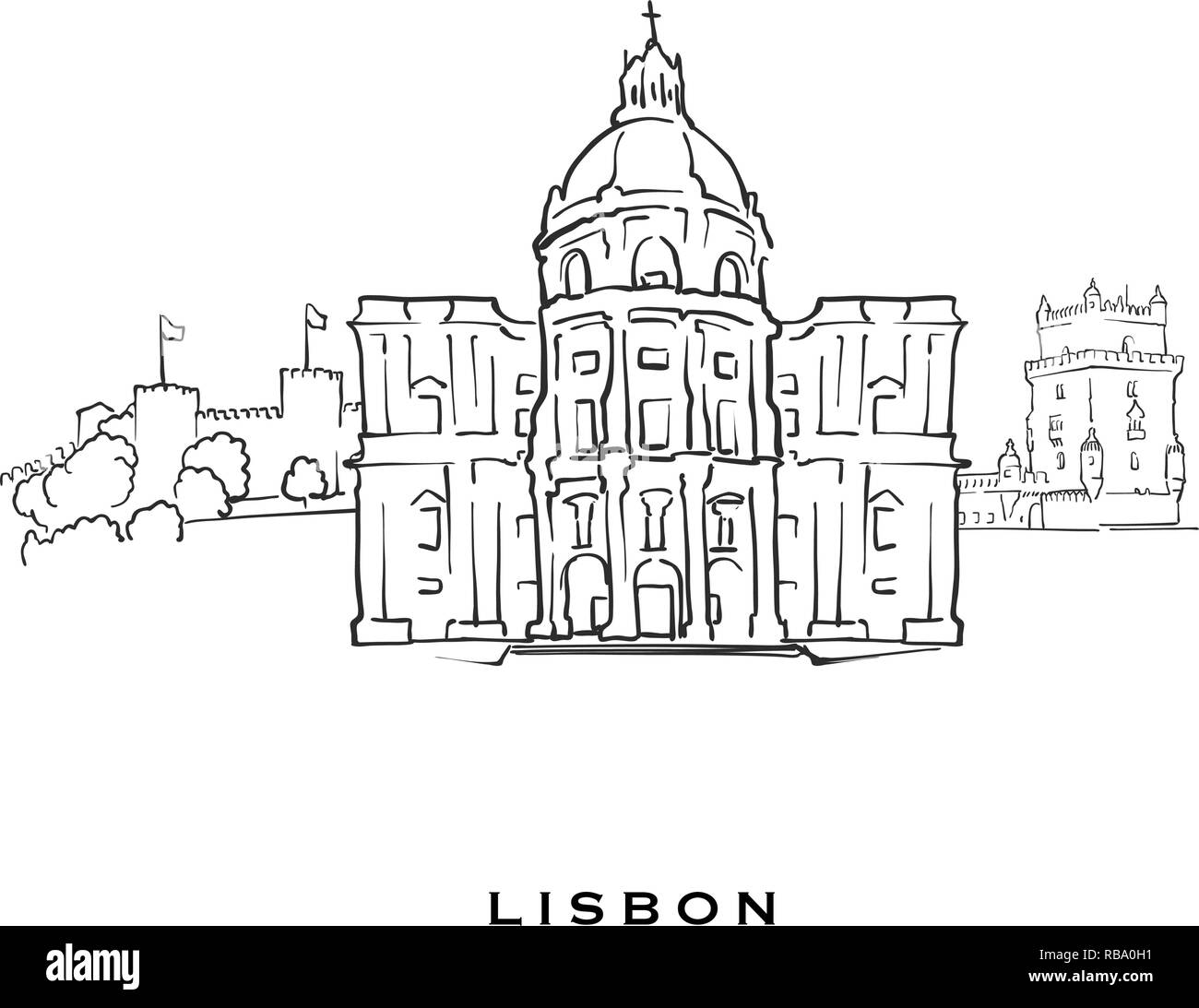 Lisbona portogallo famosa architettura. Delineato lo schizzo di vettore separato su sfondo bianco. Disegni di architettura di tutte le capitali europee. Illustrazione Vettoriale