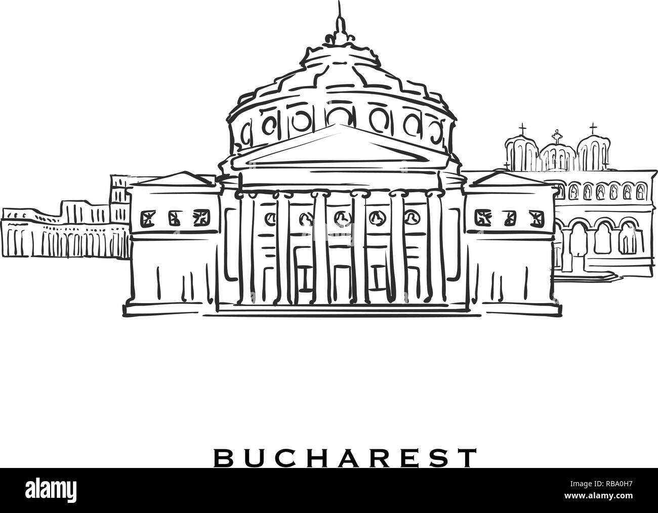 Bucarest Romania famosa architettura. Delineato lo schizzo di vettore separato su sfondo bianco. Disegni di architettura di tutte le capitali europee. Illustrazione Vettoriale