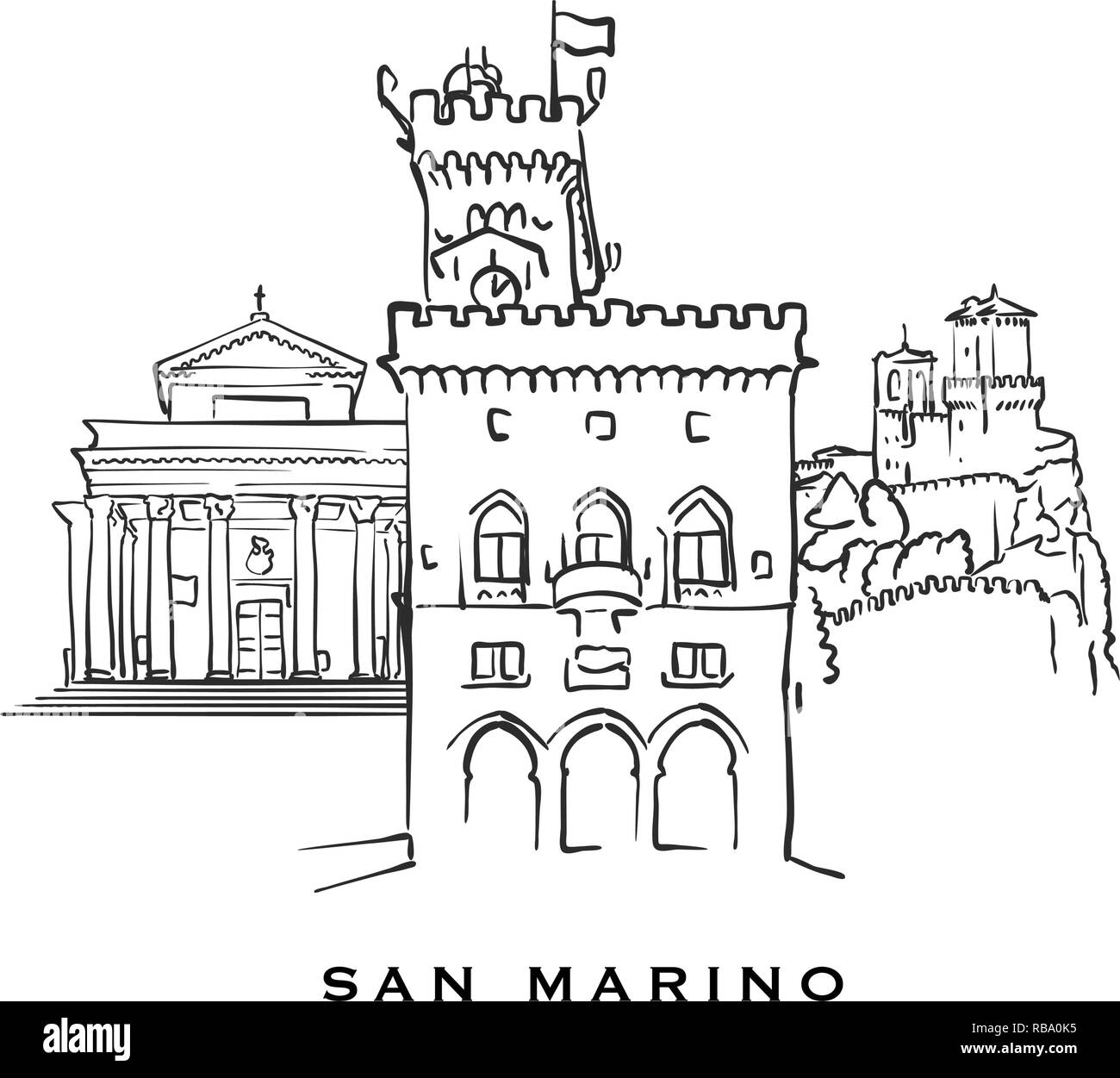 San Marino famosa architettura. Delineato lo schizzo di vettore separato su sfondo bianco. Disegni di architettura di tutte le capitali europee. Illustrazione Vettoriale