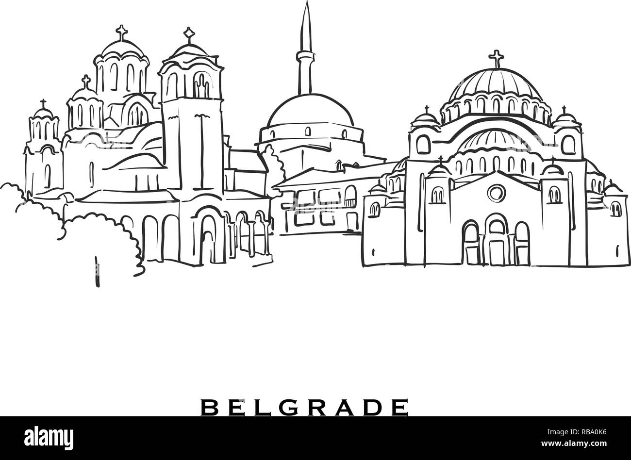 Belgrade Serbia famosa architettura. Delineato lo schizzo di vettore separato su sfondo bianco. Disegni di architettura di tutte le capitali europee. Illustrazione Vettoriale