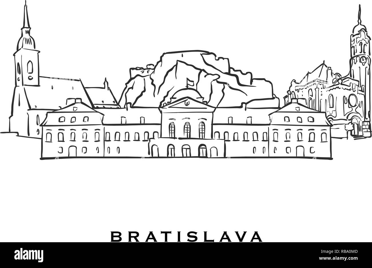 Bratislava Slovacchia famosa architettura. Delineato lo schizzo di vettore separato su sfondo bianco. Disegni di architettura di tutte le capitali europee. Illustrazione Vettoriale