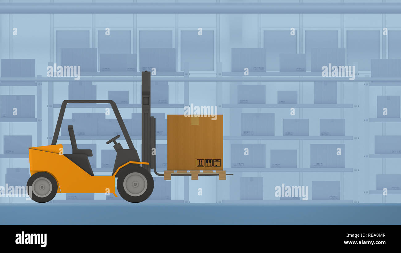 Guida autonoma carrello con una scatola di cartone, concetto di automazione di magazzino e industria 4.0, bassa poli stile cartoon (3d rendering) Foto Stock