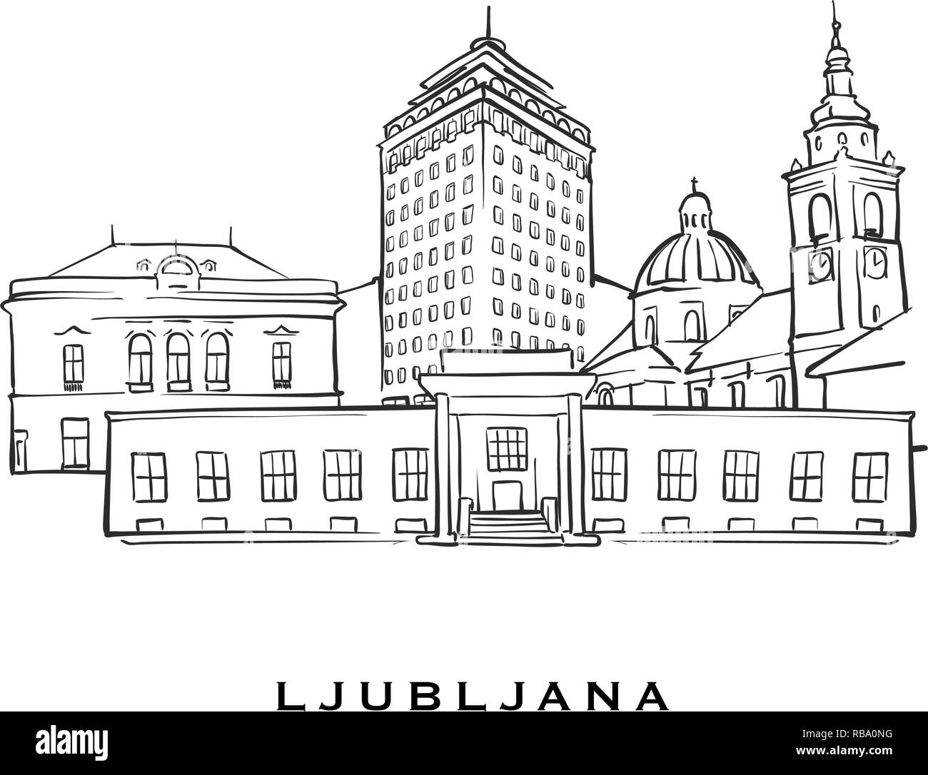 Ljubljana Slovenia famosa architettura. Delineato lo schizzo di vettore separato su sfondo bianco. Disegni di architettura di tutte le capitali europee. Illustrazione Vettoriale