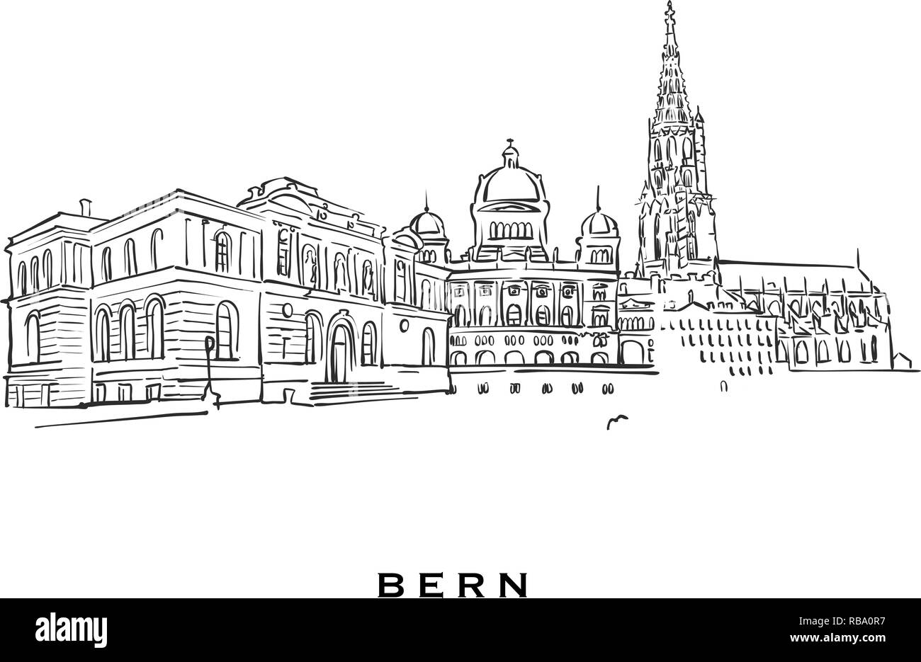 Berna Svizzera famosa architettura. Delineato lo schizzo di vettore separato su sfondo bianco. Disegni di architettura di tutte le capitali europee. Illustrazione Vettoriale