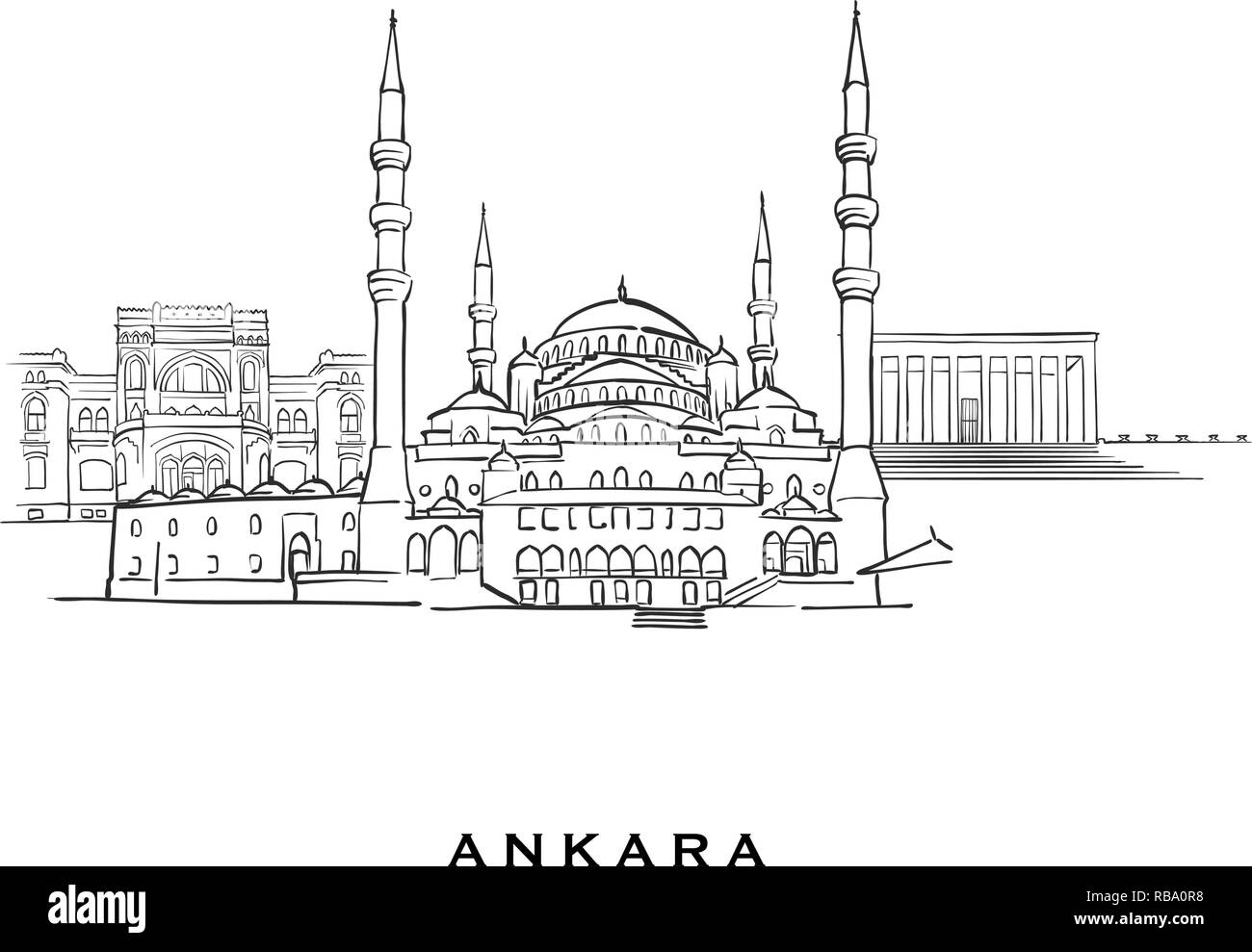 Ankara Turchia famosa architettura. Delineato lo schizzo di vettore separato su sfondo bianco. Disegni di architettura di tutte le capitali europee. Illustrazione Vettoriale