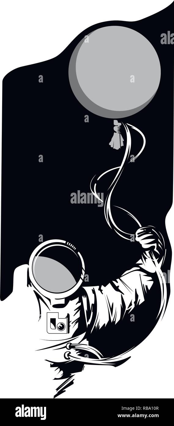Disegnata a mano astronauta con un palloncino in mano su sfondo nero. Per i poster, la decorazione e la stampa. Illustrazione Vettoriale Illustrazione Vettoriale