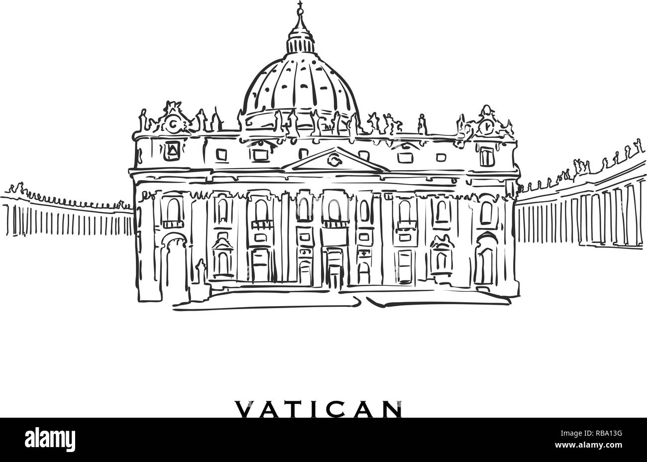 Vaticano famosa architettura. Delineato lo schizzo di vettore separato su sfondo bianco. Disegni di architettura di tutte le capitali europee. Illustrazione Vettoriale