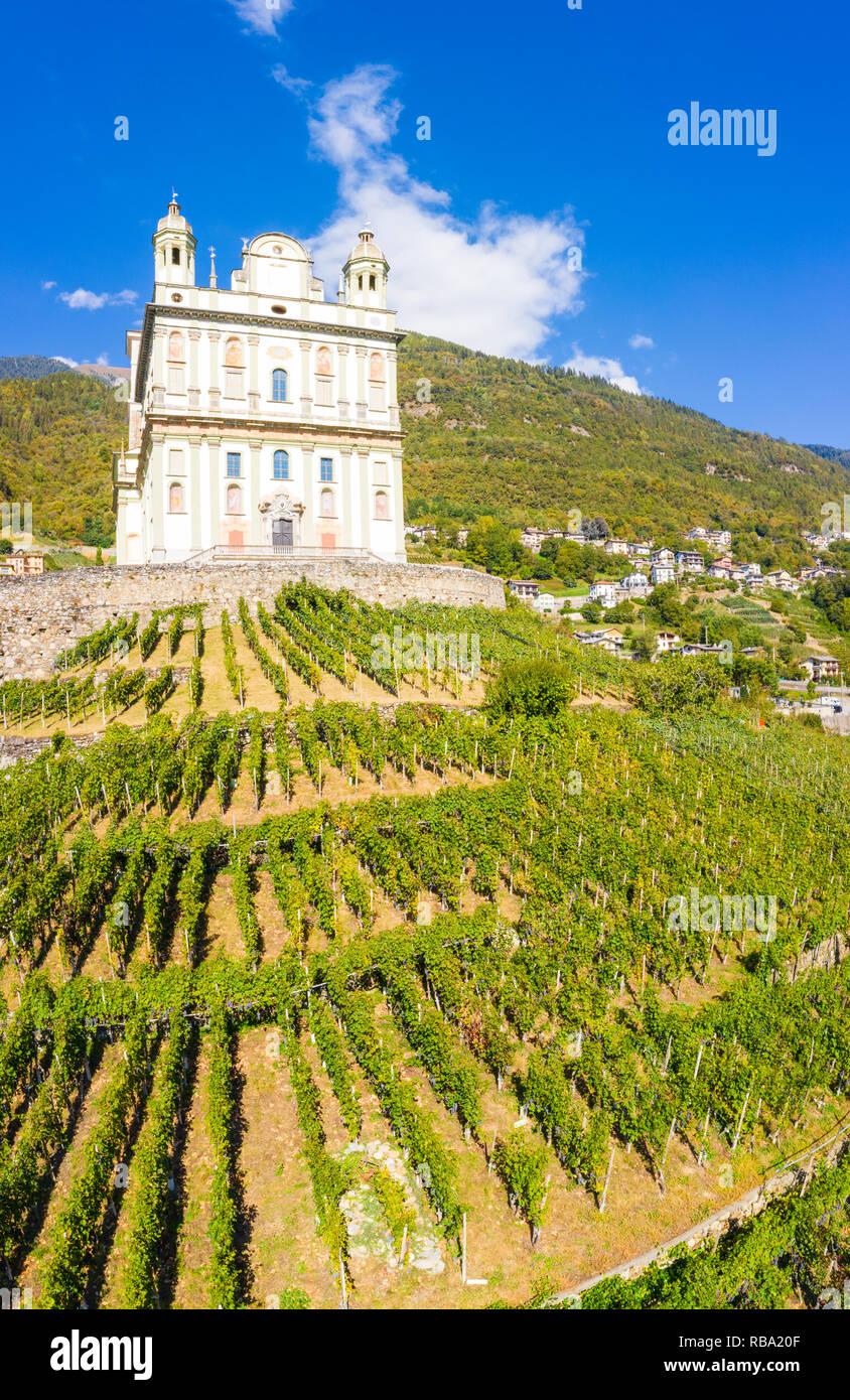 Panoramica dei vigneti terrazzati e santuario Santa Casa di Loreto, Tresivio, provincia di Sondrio e della Valtellina, Lombardia, Italia Foto Stock