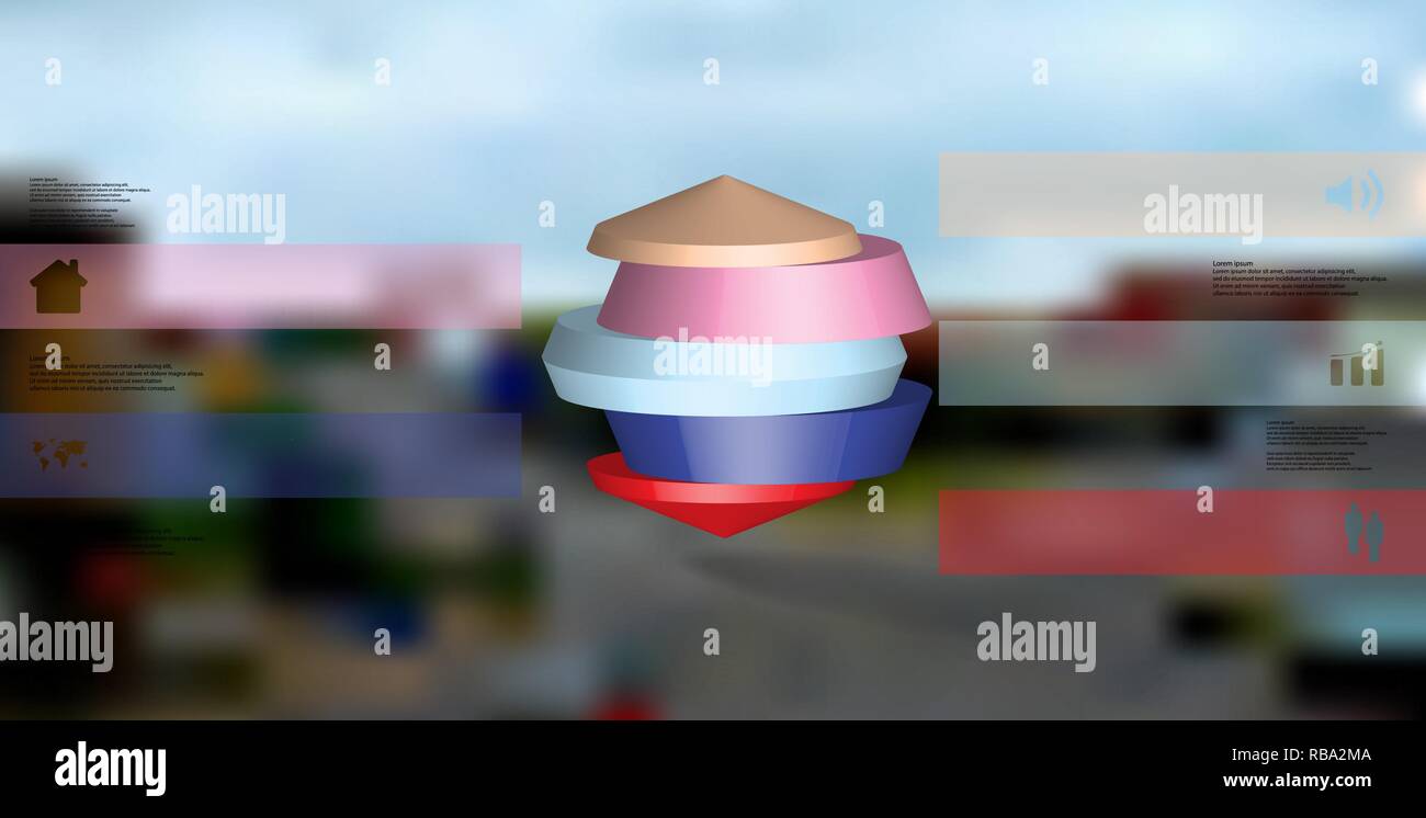 3D illustrazione modello infografico. Il round di ottagono è diviso in cinque parti a colori. Oggetto è collocato sulla foto sfocata sullo sfondo. Barre a colori con Illustrazione Vettoriale